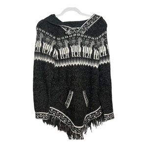 Kactus Artesanias Alpaca Hood Fringe Pullover Sweater Gray White One Size FLAWED